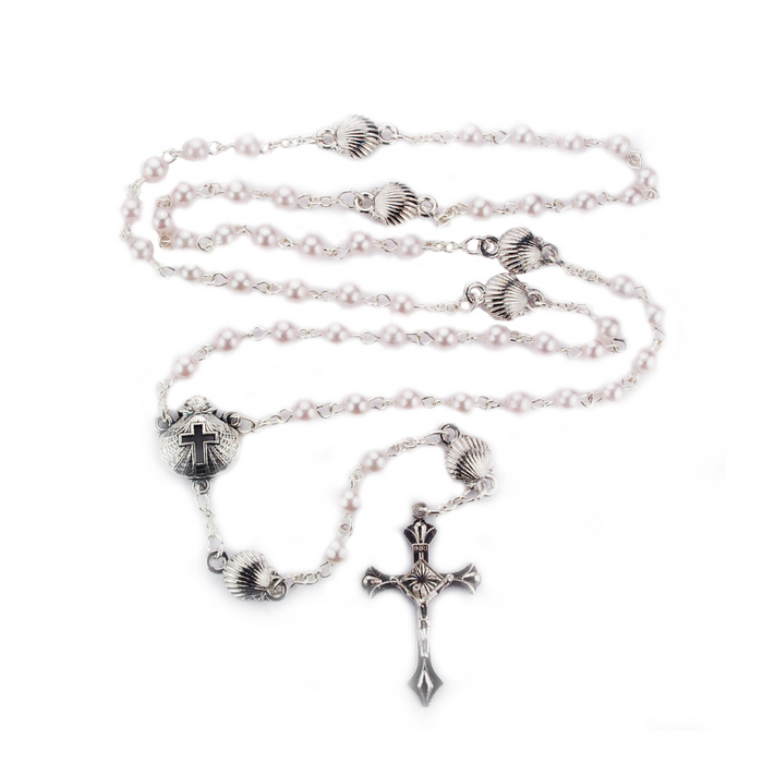 Silver Ox Baptism Shell w/ Pink Pearl Beads Rosary