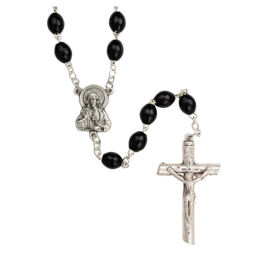 Silver Ox Sacred Heart of Jesus Rosary with 4x6mm Black Wood Beads