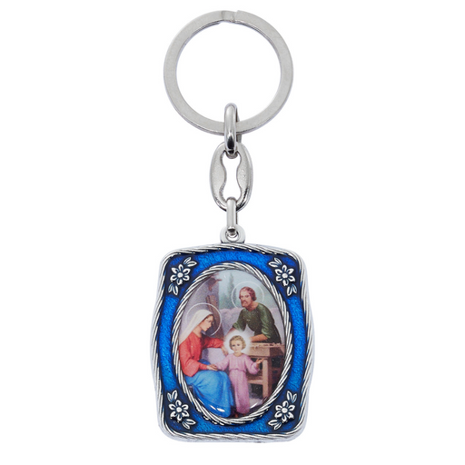 Silver Oxidize Holy Family Blue Epoxy Keyring