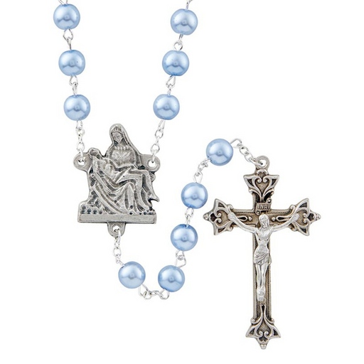 Sky Blue Glass Pearl Beads Rosary with Pieta Centerpiece - 3 Pieces Per Package