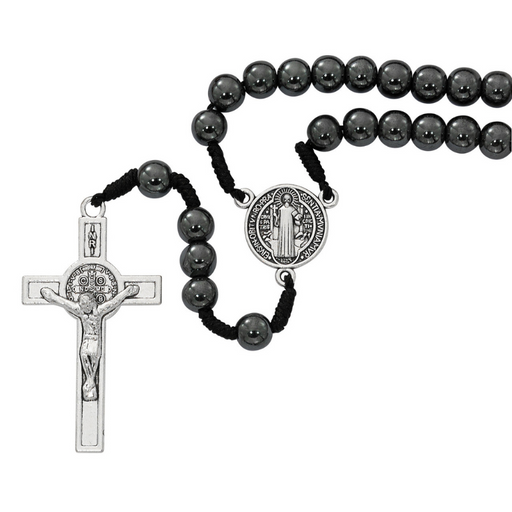 St. Benedict 8mm Hematite Beads on Black Cord Rosary