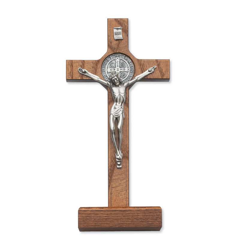 St. Benedict Crucifix in 8" Walnut Stand w/ Gift Box