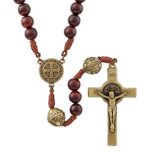 St. Benedict Metal Engraved Bead Monte Cassino Collection Wood Cord Rosary
