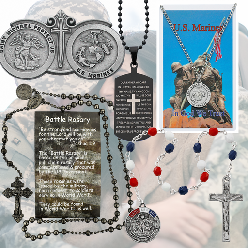 St. Benedict Rosary With Battle Rosary, Lords Prayer Dog Tag, Marines Visor Clip, Marine Medal Prayer Card And Military Chaplet - Military Gift Set
