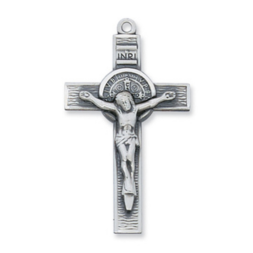 St. Benedict Silver Medal in Silver Crucifix w/ 24" Rhodium Plated Continuous Chain