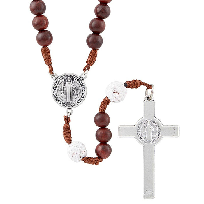 St. Benedict White Lava Bead Monte Cassino Collection Wood Cord Rosary