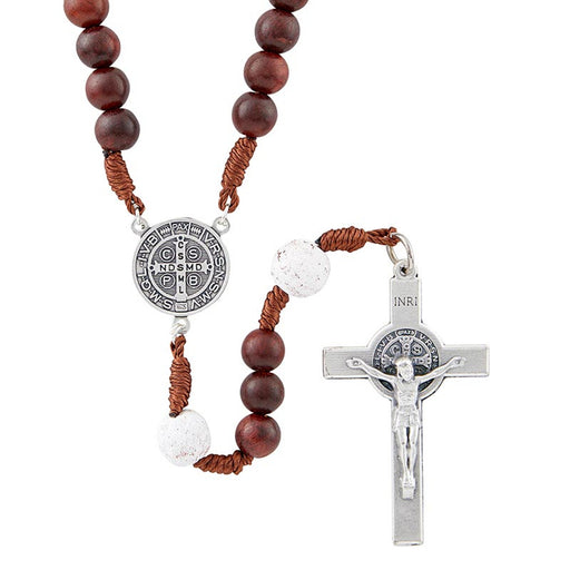 St. Benedict White Lava Bead Monte Cassino Collection Wood Cord Rosary