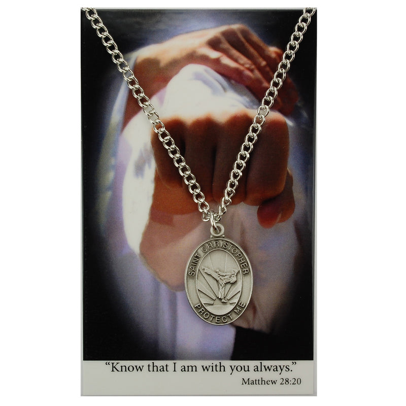 St. Christopher Medal Necklace Chain With Boys Karate Prayer Card