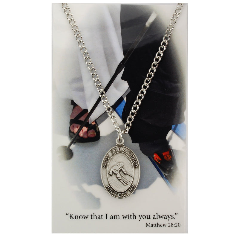 St. Christopher Medal Necklace Chain With Boys Skiing Prayer Card