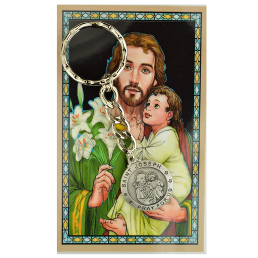 St. Joseph Keyring Holder made from pewter with a prayer guide card perfect gift to your family and friends for their birthdays or any occasion and celebration