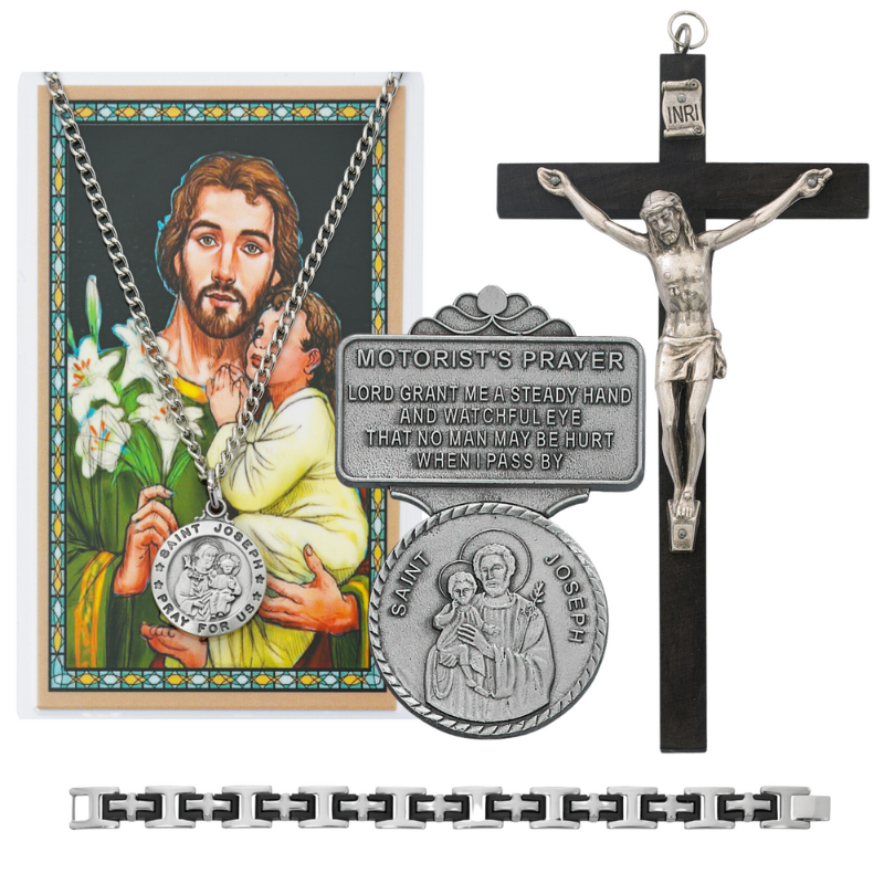 St. Joseph Medal and Prayer Card, Visor Clip, Crucifix and Cross Bracelet - Father's Day Gift Set
