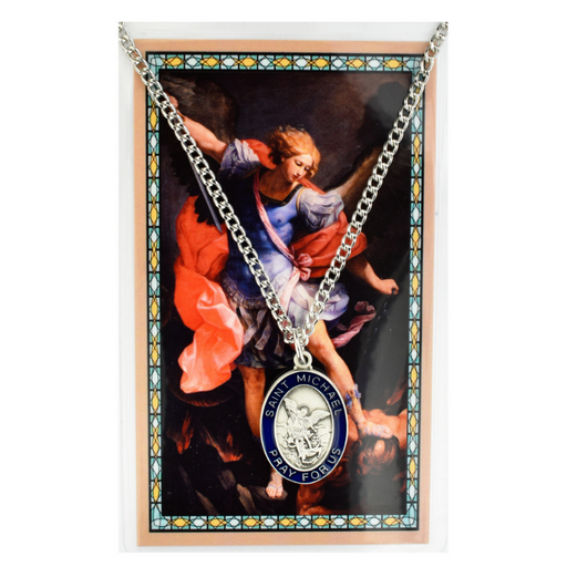 St. Michael Medal with 24" Chain and Laminated Holy Card Set