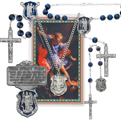 St. Michael Police Gift Set - Auto Rosary, Chaplet, Rosary, Visor Clip And Prayer Card With Holy Medal