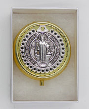St. Benedict Eucharist Pyx – Bronze with Filigree Cast & Saint Image - Holds 10 Hosts