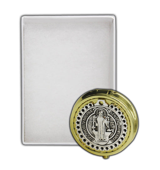 St. Benedict Eucharist Pyx – Bronze with Filigree Cast & Saint Image - Holds 10 Hosts