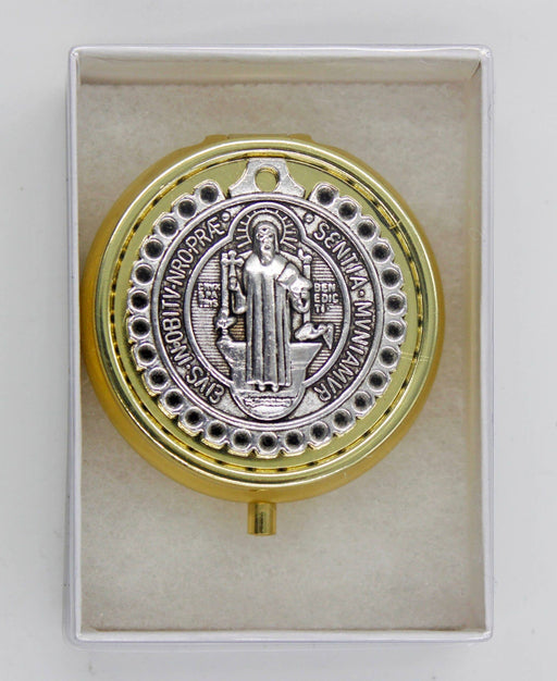 St. Benedict Eucharist Pyx – Bronze with Filigree Cast & Saint Image - Holds 10 Hosts