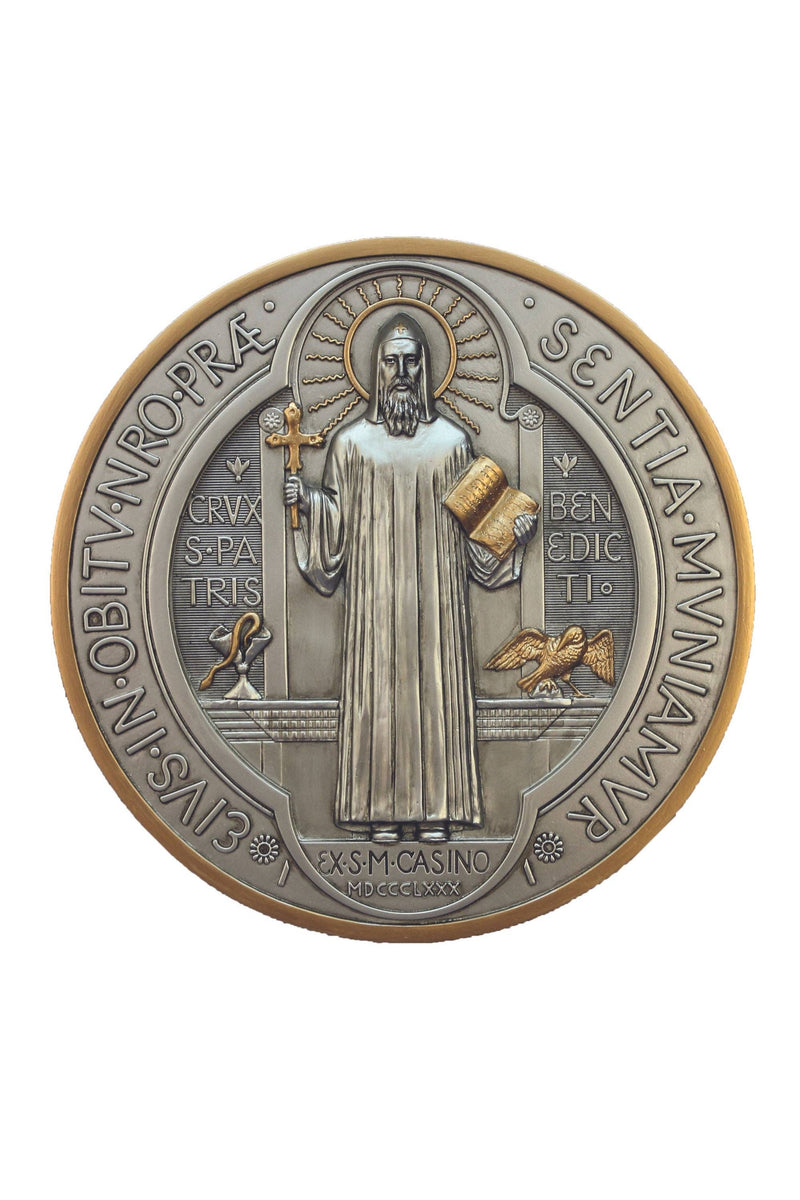 St. Benedict Medal/Plaque – 7-Inch Pewter Style with Gold Highlights, Veronese Collection