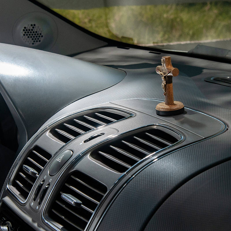 St. Benedict Wooden Car Cross – 3" Handcrafted Cross with Adhesive Base