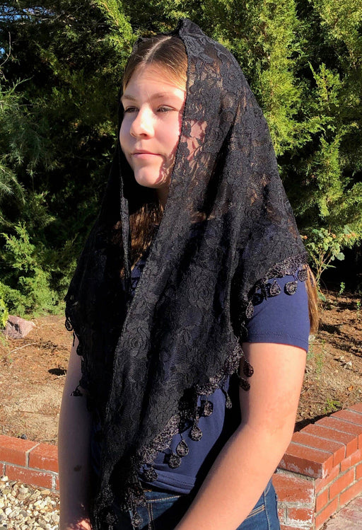 St. Clare of Assisi Black Lace Chapel Veil – 60” x 20” Mantilla Head Covering