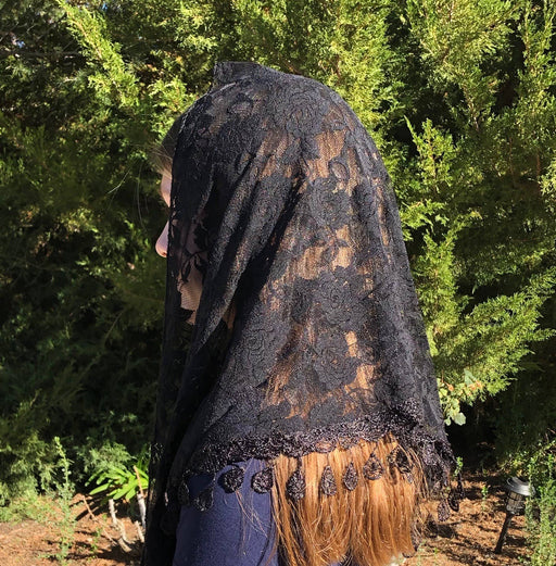 St. Clare of Assisi Black Lace Chapel Veil – 60” x 20” Mantilla Head Covering