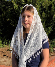 St. Clare of Assisi White Lace Chapel Veil – 60” x 20” Soft Lace & Raindrop Embroidery Head Covering