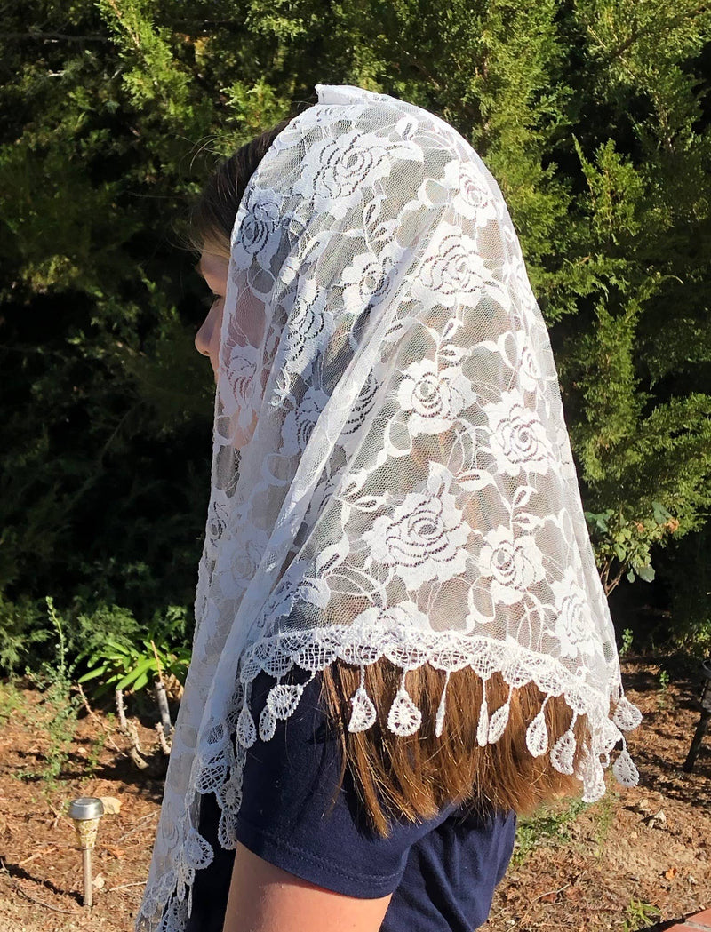 St. Clare of Assisi White Lace Chapel Veil – 60” x 20” Soft Lace & Raindrop Embroidery Head Covering