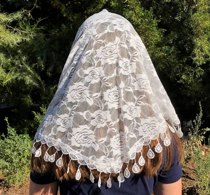 St. Clare of Assisi White Lace Chapel Veil – 60” x 20” Soft Lace & Raindrop Embroidery Head Covering