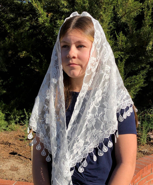 St. Clare of Assisi White Lace Chapel Veil – 60” x 20” Soft Lace & Raindrop Embroidery Head Covering