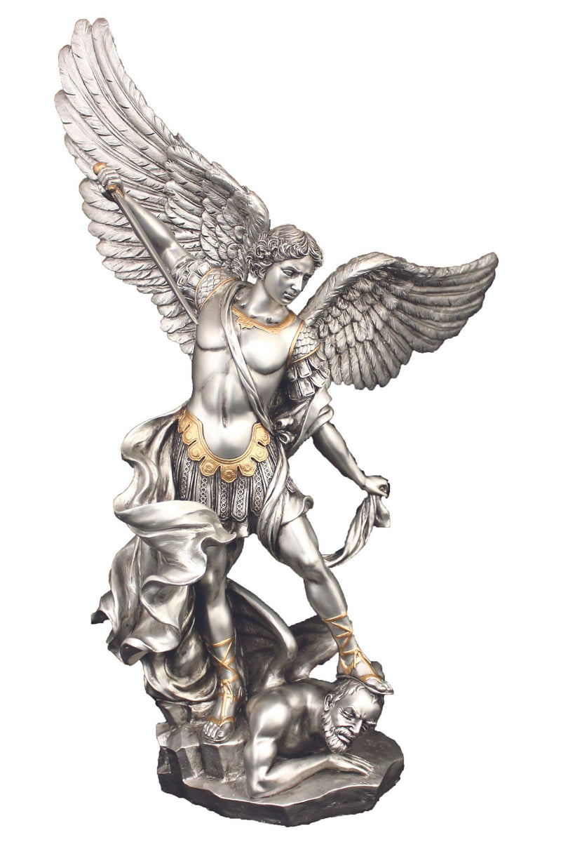 St. Michael Statue – 14.5” Pewter Style Finish with Gold Highlights | Archangel Michael Figurine – Veronese Collection