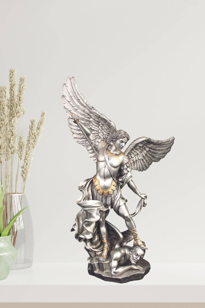 St. Michael Statue – 14.5” Pewter Style Finish with Gold Highlights | Archangel Michael Figurine – Veronese Collection