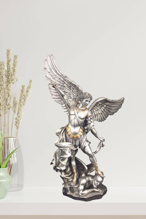 St. Michael Statue – 14.5” Pewter Style Finish with Gold Highlights | Archangel Michael Figurine – Veronese Collection