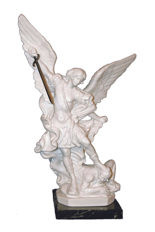 St. Michael Statue – 9” White Alabaster and Resin Figurine on Black Marble Base | Made in Italy