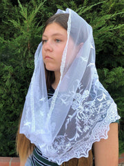 St. Veronica White Infinity Church Veil – 22” x 18” Soft Lace & Embroidered Head Covering