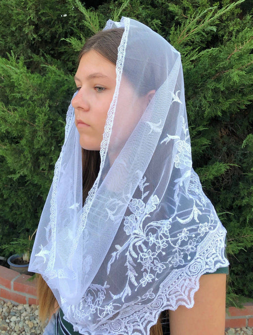 St. Veronica White Infinity Church Veil – 22” x 18” Soft Lace & Embroidered Head Covering