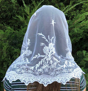St. Veronica White Infinity Church Veil – 22” x 18” Soft Lace & Embroidered Head Covering