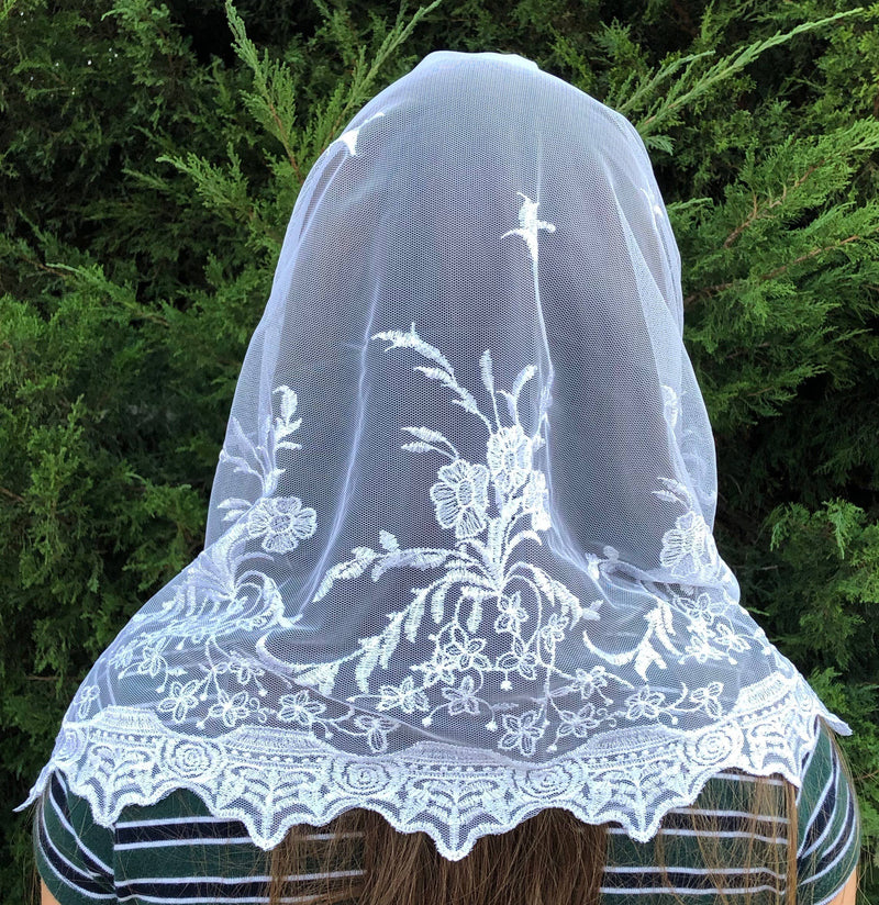 St. Veronica White Infinity Church Veil – 22” x 18” Soft Lace & Embroidered Head Covering