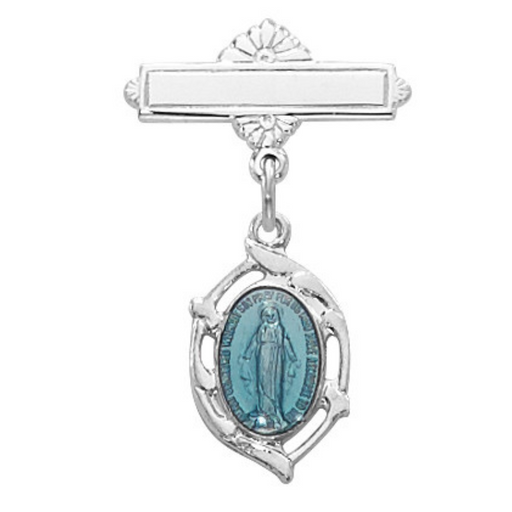 Sterling Blue Miraculous Medal Rf Baby Bar Pin With Clear Gift Box