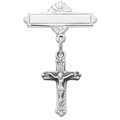 Sterling Crucifix Baby Bar Pin Clear Gift Box Included