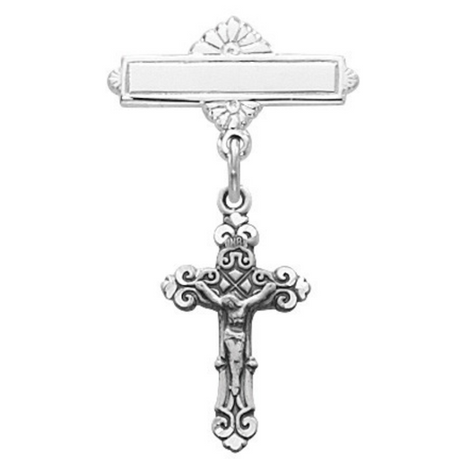 Sterling Crucifix Baby Bar Pin With Clear Gift Box