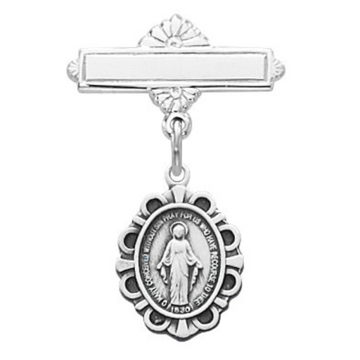 Sterling Miraculous Medal Baby Bar Pin With Clear Gift Box