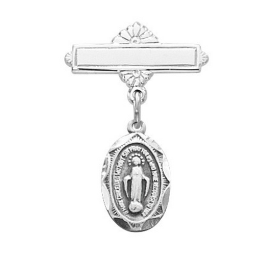 Sterling Miraculous Medal Rf Baby Bar Pin With Clear Gift Box