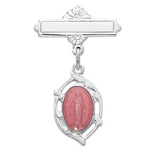 Sterling Pink Miraculous Medal Rf Baby Bar Pin With Clear Gift Box