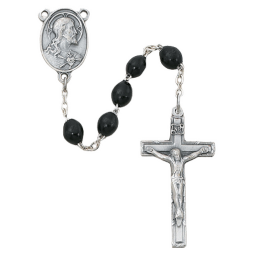 Sterling Silver Black Wood Sacred Heart Rosary with 4x6mm Beads