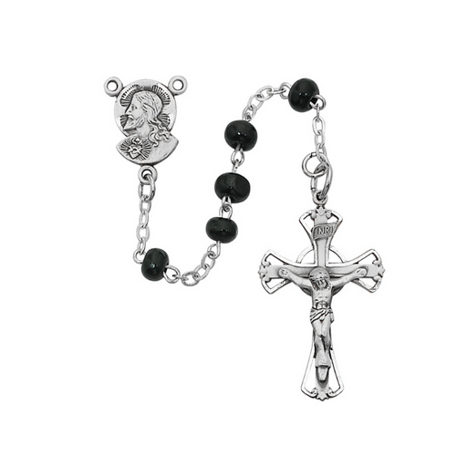 Sterling Silver Black Wood Sacred Heart Rosary with 5mm Beads