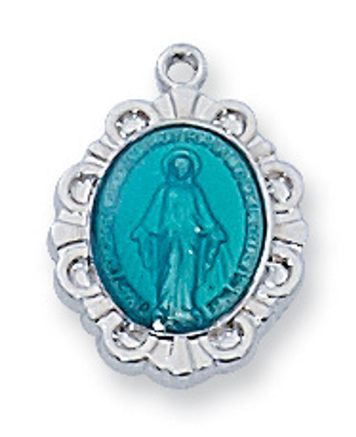 Sterling Silver Blue Epoxy Miraculous Medal With 13” Rhodium Chain