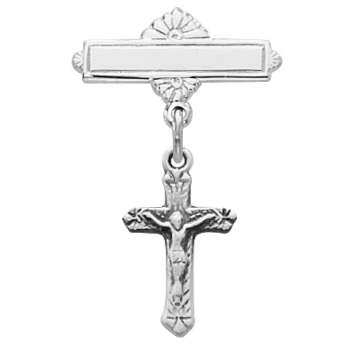 Sterling Silver Crucifix Baby Bar Pin in an Elegant Burgundy Flip Gift Box
