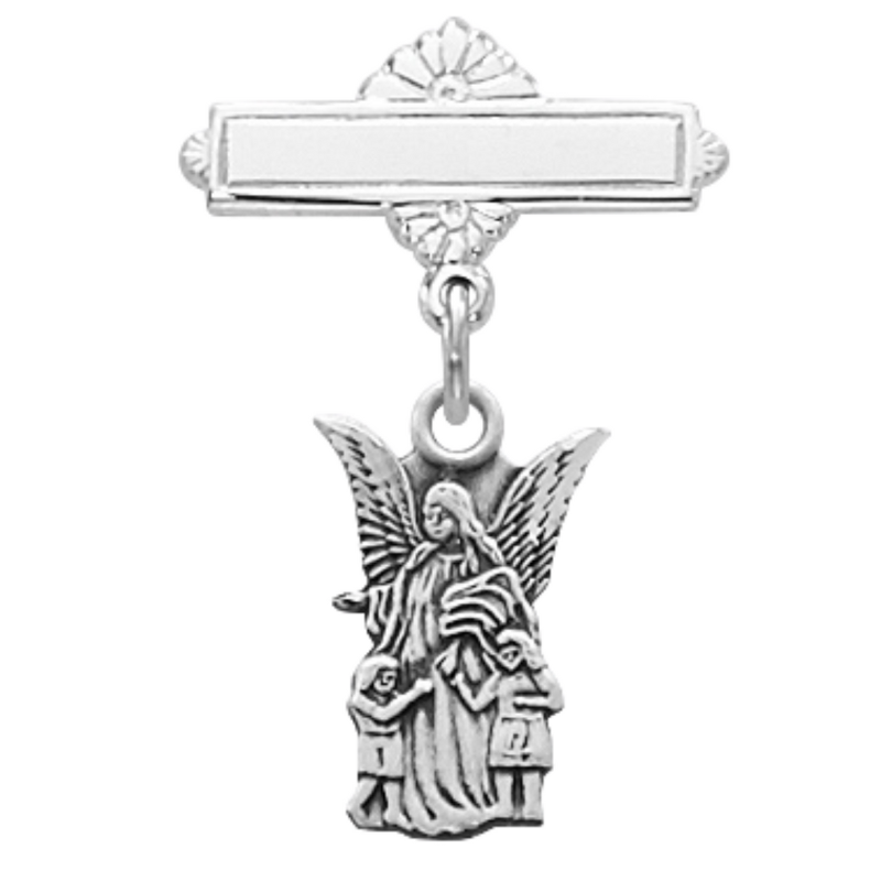 Sterling Silver Guardian Angel Medal Baby Bar Pin in an Elegant Burgundy Flip Gift Box