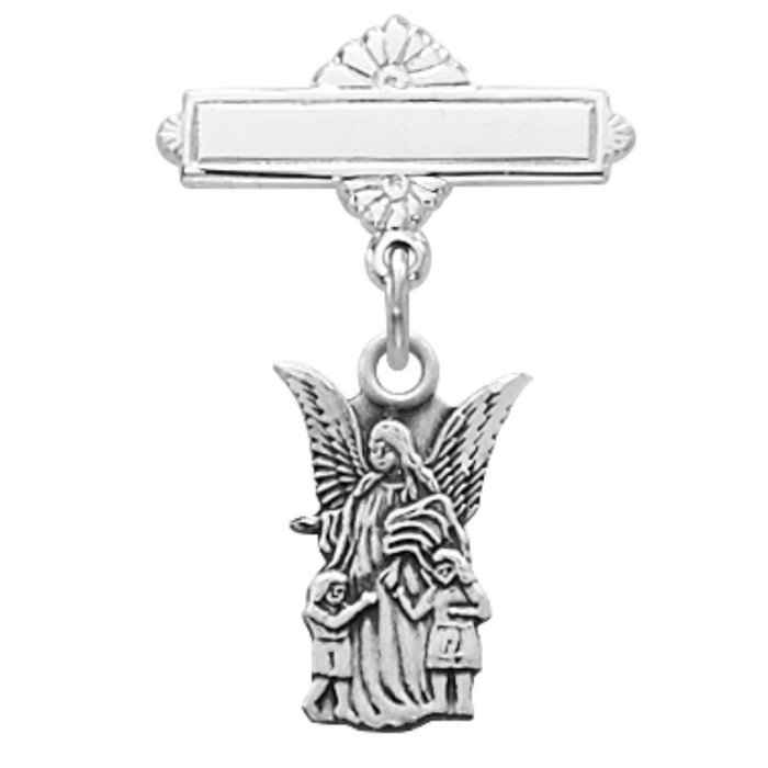 Sterling Silver Guardian Angel Medal Baby Bar Pin in an Elegant Burgundy Flip Gift Box