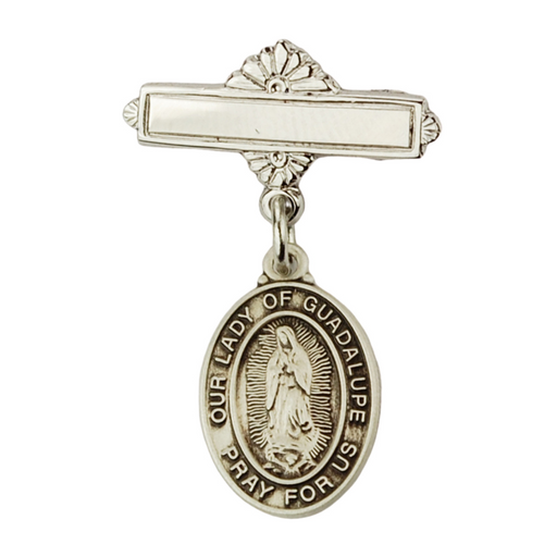 Sterling Silver Our Lady of Guadalupe Medal RF Baby Bar Pin w/ Burgundy Flip Gift Box
