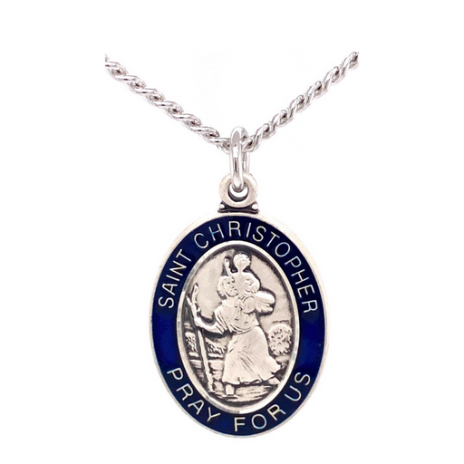 Sterling Silver St. Christopher Blue Medal with 24" Rhodium Plated Chain